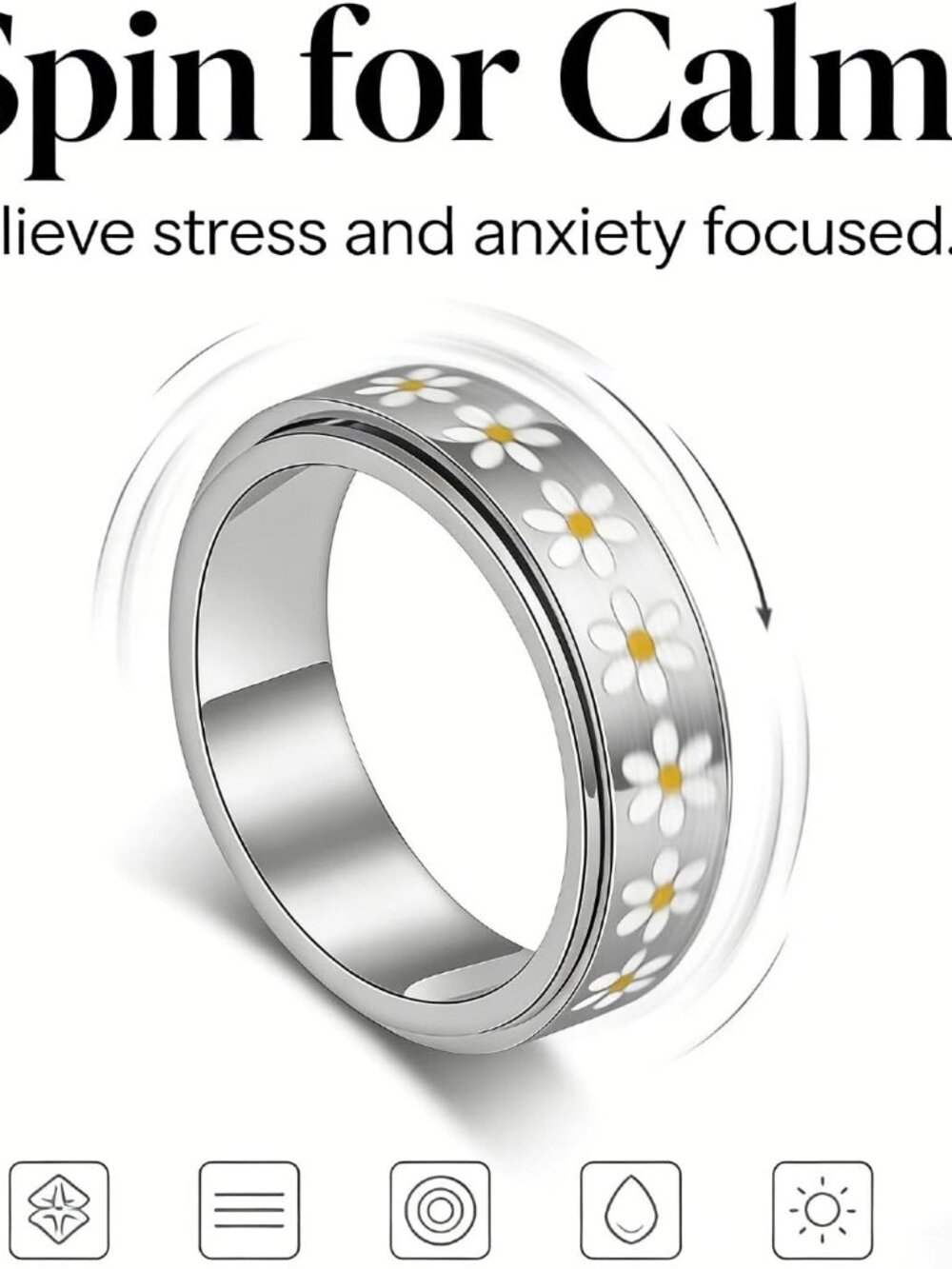 Daisy Fidget Ring for Anxiety Relief - 18K Gold Plated Stainless Steel Spinner B - Picture 3 of 7